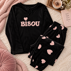 Black Velvet Heart Print Winter Pajama Set Big Size