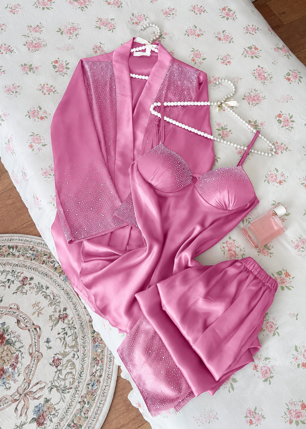 Women's Royal Satin Rhinestone 3-Piece Pajama Set with Robe