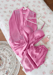 Women's Royal Satin Rhinestone 3-Piece Pajama Set with Robe