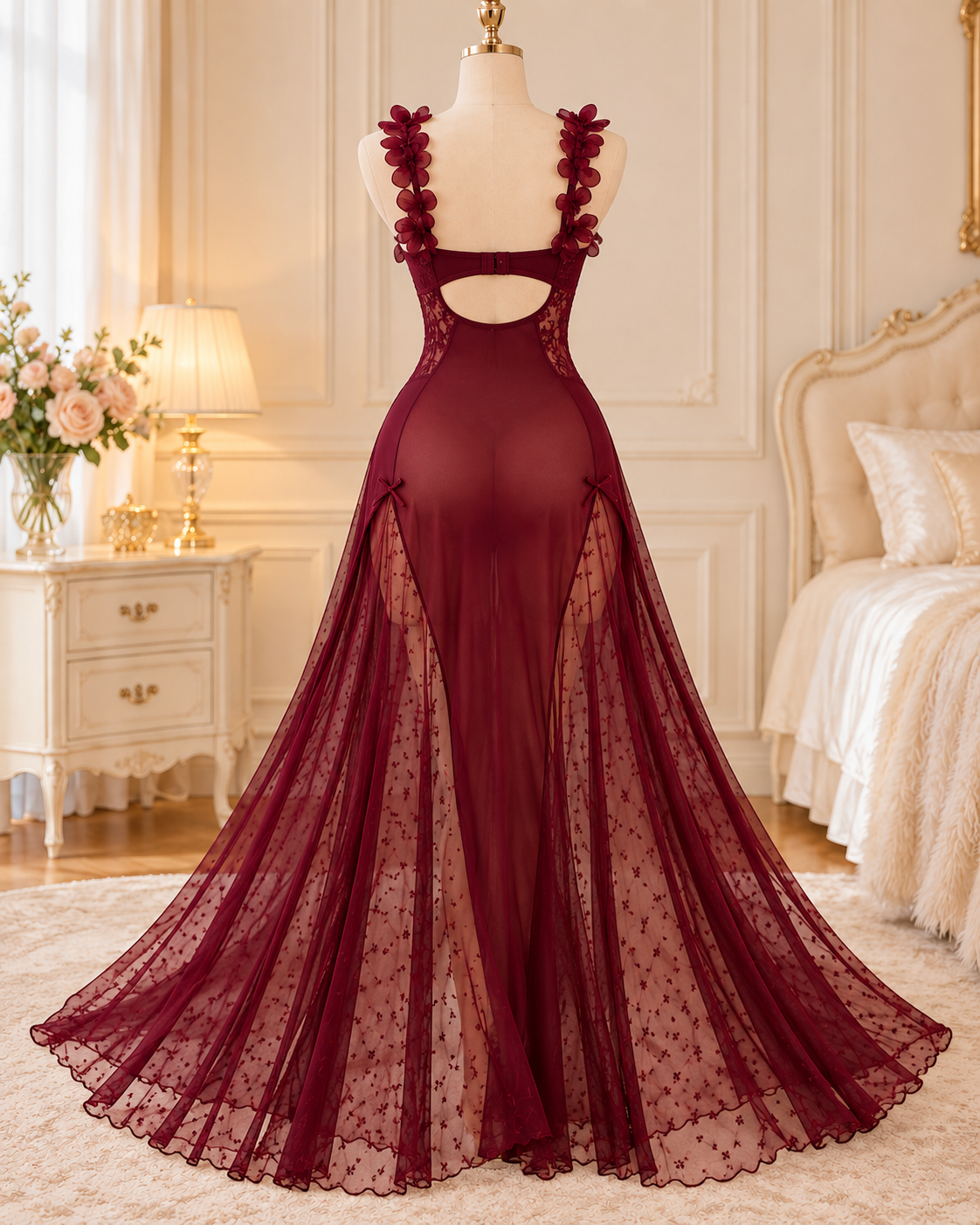 Burgundy Floral Lace Corset Lingerie Gown with Sheer Maxi Skirt