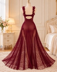 Burgundy Floral Lace Corset Lingerie Gown with Sheer Maxi Skirt