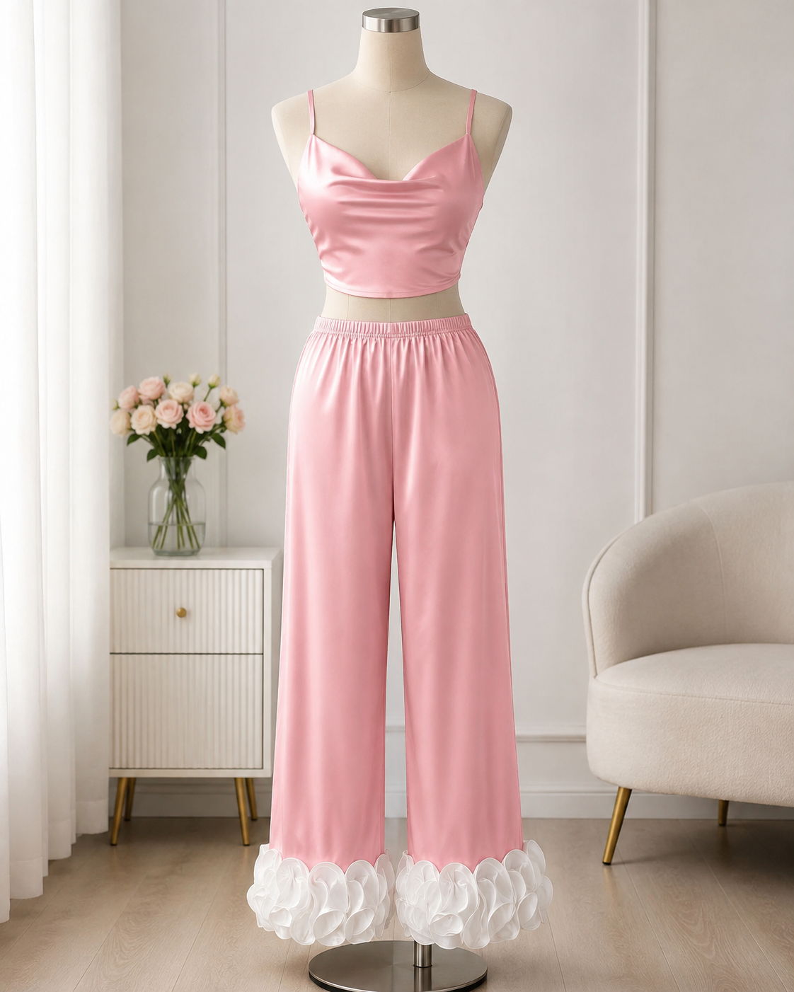 Women's Satin Pajama Set with Ruffle Hem