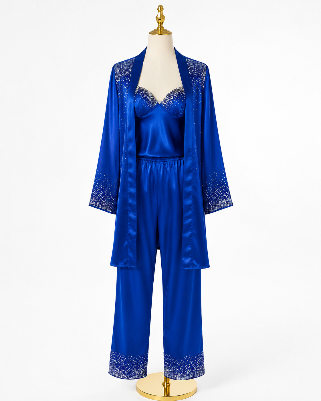 Women's Royal Satin Rhinestone 3-Piece Pajama Set with Robe