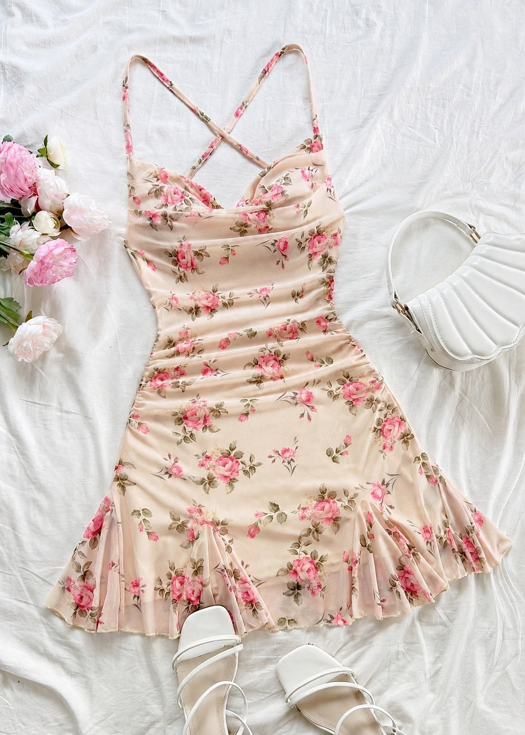 Women's Beige Floral Ruched Mini Dress