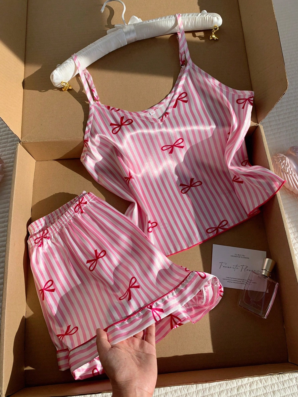 Pink Striped Satin Pajama Set for Women 2 Pcs Sleepwear