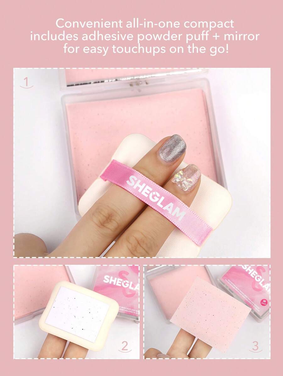 sheglam mattifying blot papers with puff and mirror pink
