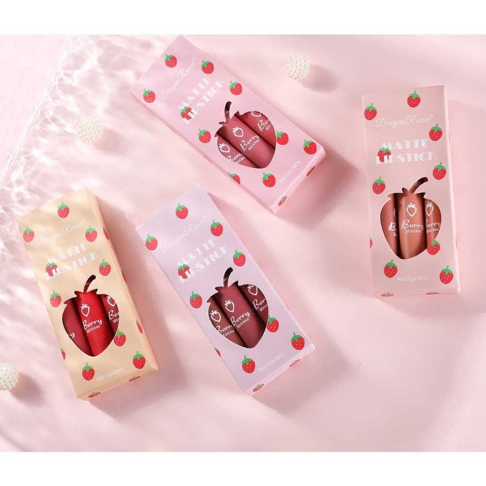 Shein 3PCS Strawberry Lipstick Set Velvet Matte Lipstick