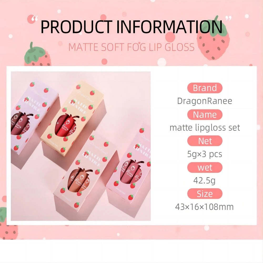 Shein 3PCS Strawberry Lipstick Set Velvet Matte Lipstick