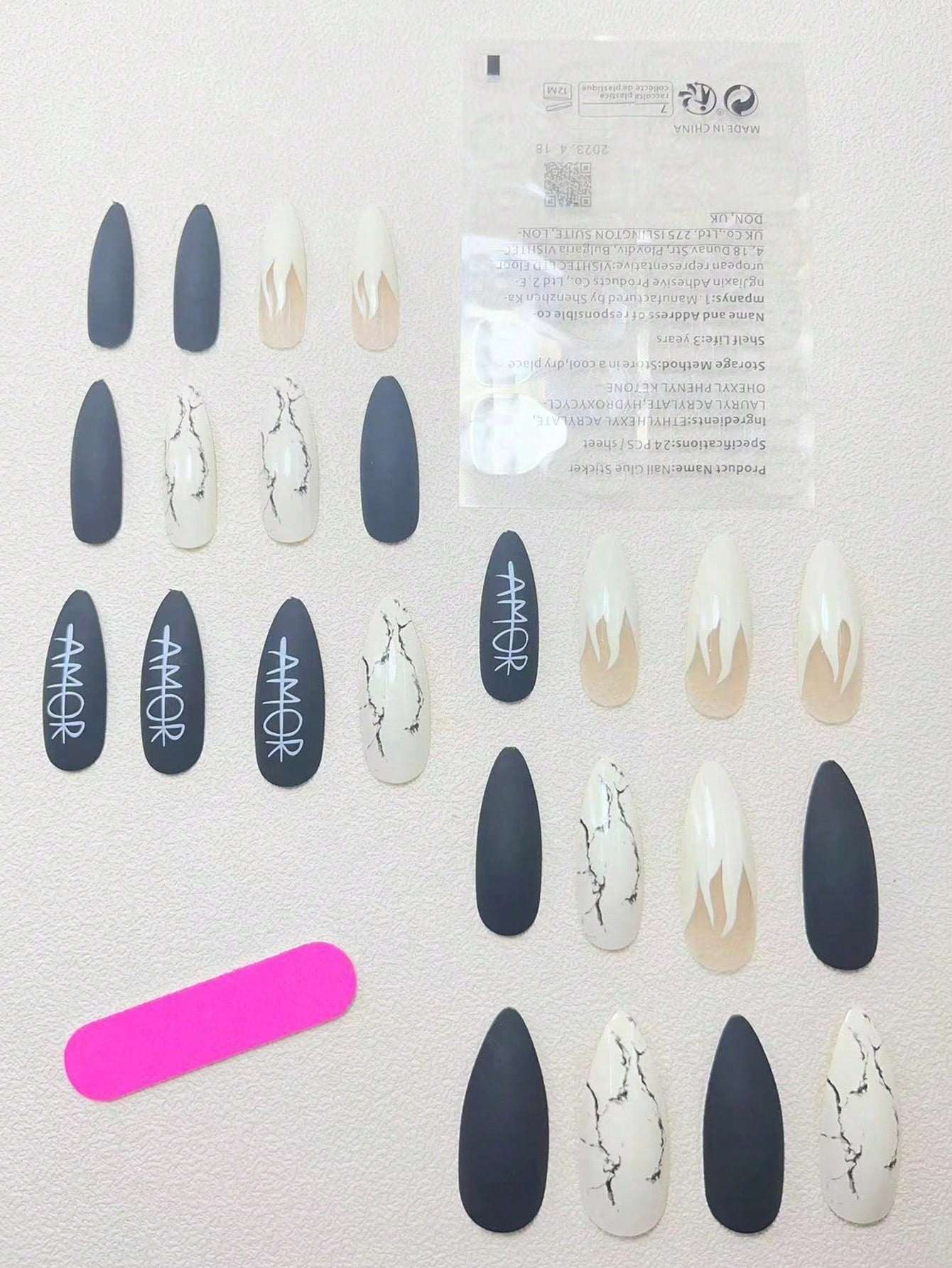 Shein 24 pieces of flame-themed stiletto nails with a white letter design