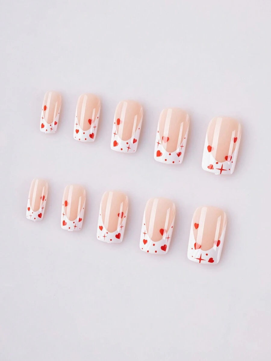 Shein White Nails with Red Hearts 24 Pcs