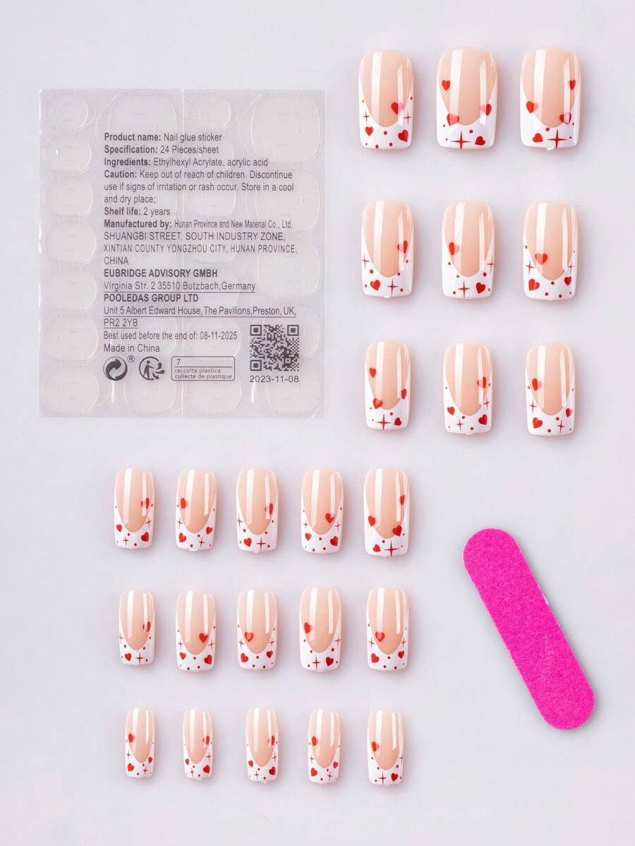 Shein White Nails with Red Hearts 24 Pcs