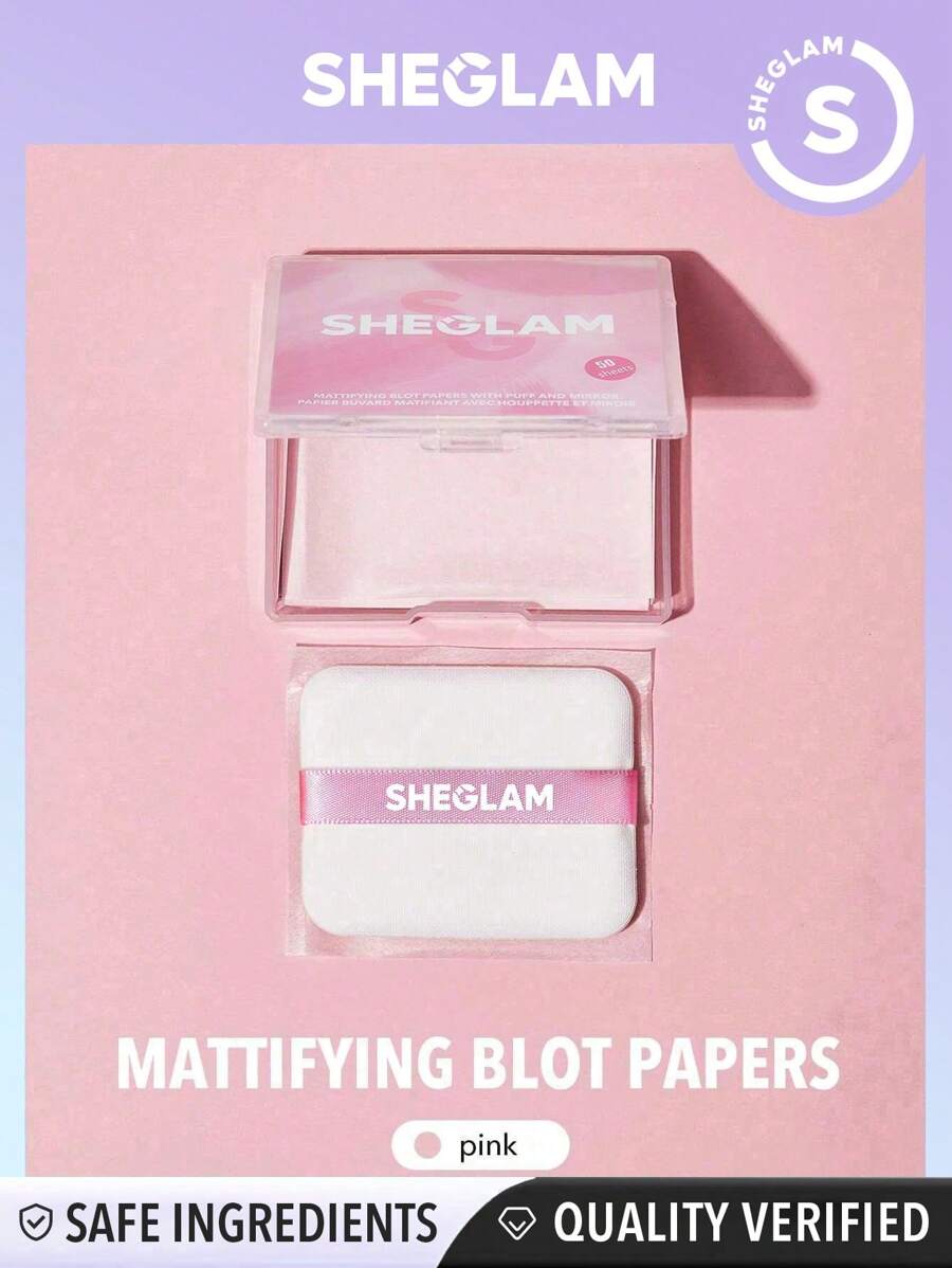 sheglam mattifying blot papers with puff and mirror pink