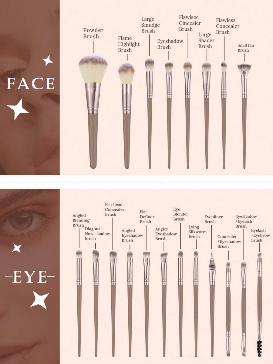 SheIn Maange Professional Makeup Brush Set 20 Pieces - Beige