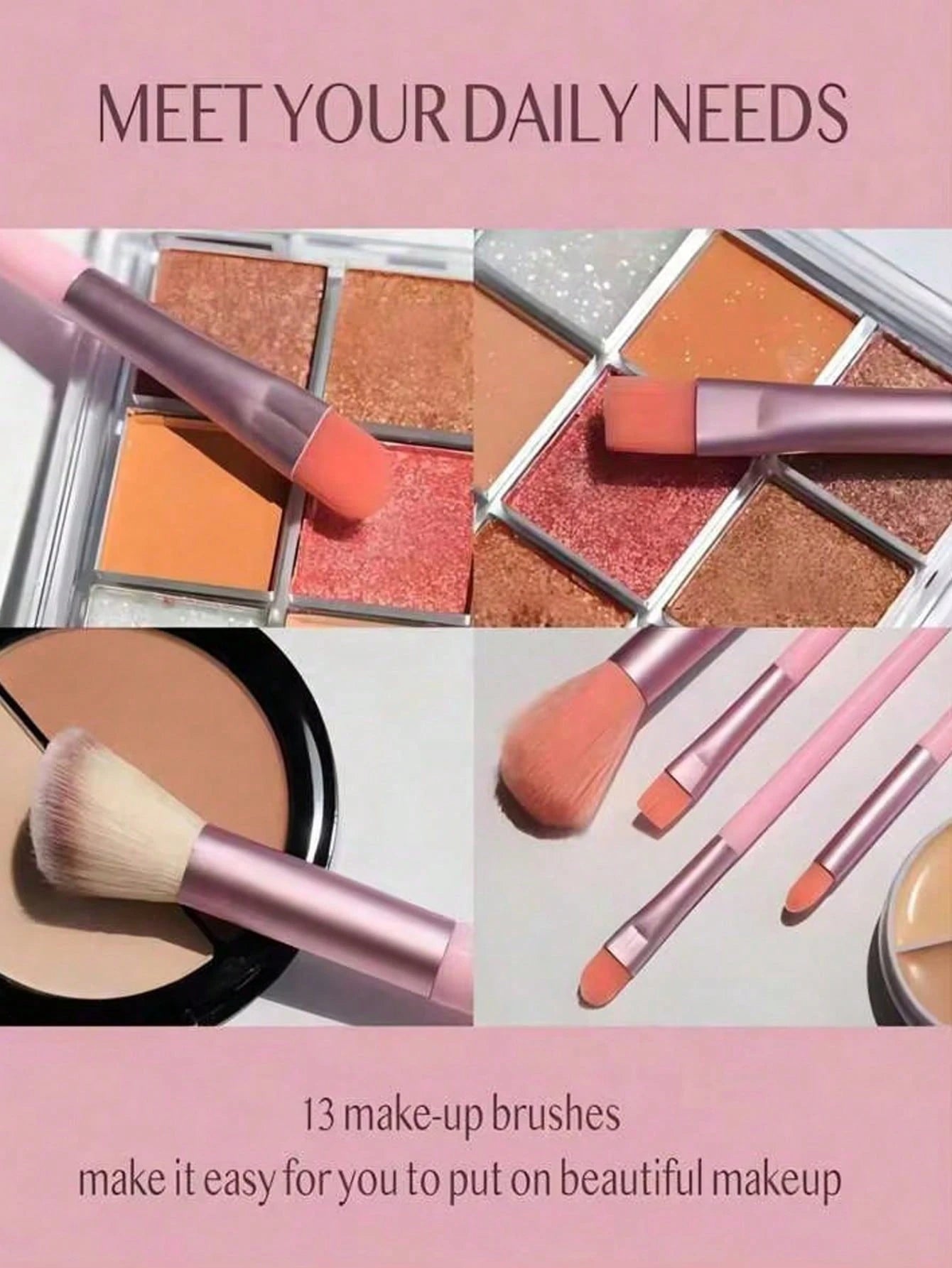 Shein 13pcs pink Makeup Brushes + Puff And Sponge