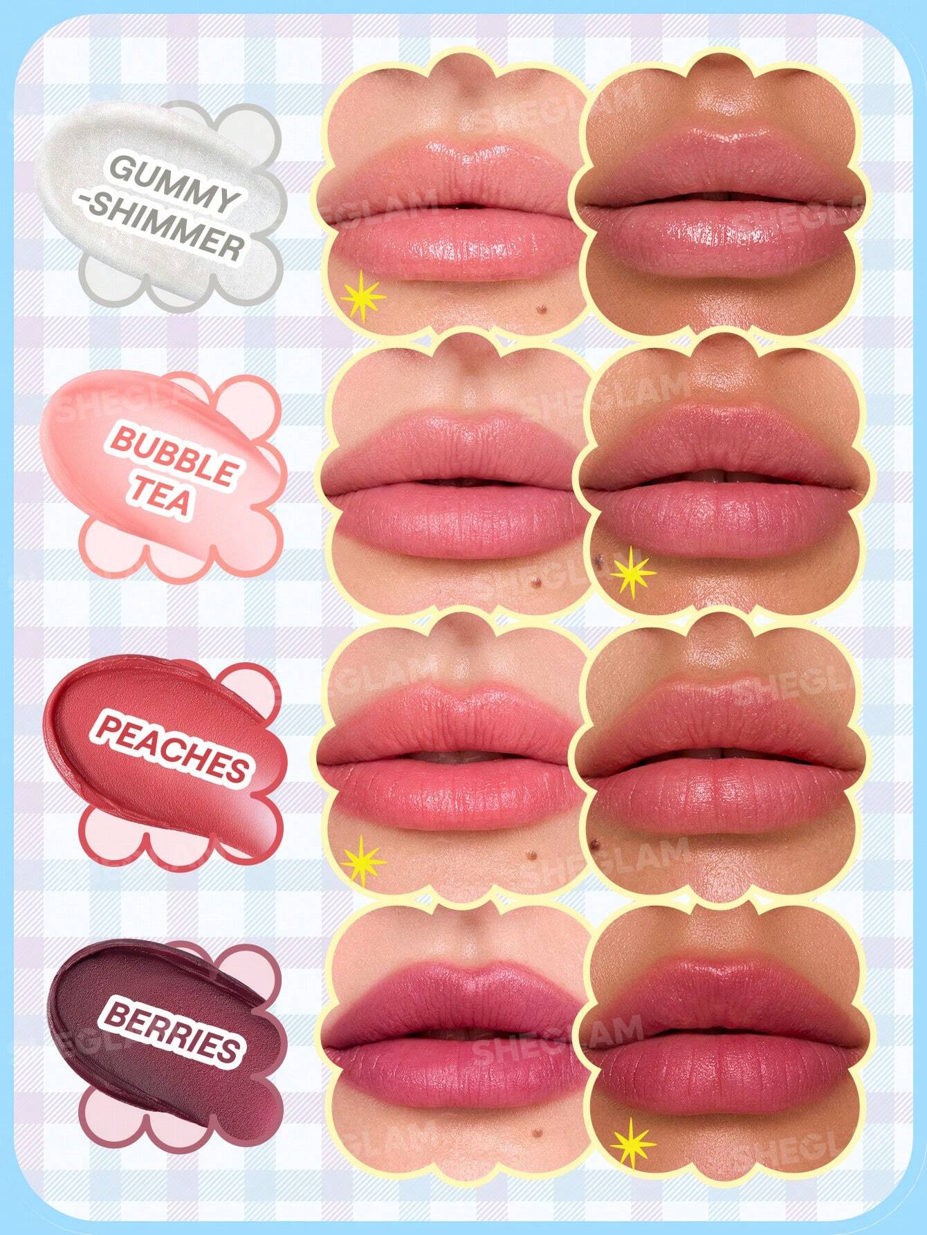 مرطب الشفاه Bubble Kiss من Sheglam + باليت Sparkle Splash + برايمر Foam Cloud + إضاءة هايلايتر + أحمر خدود ستيك