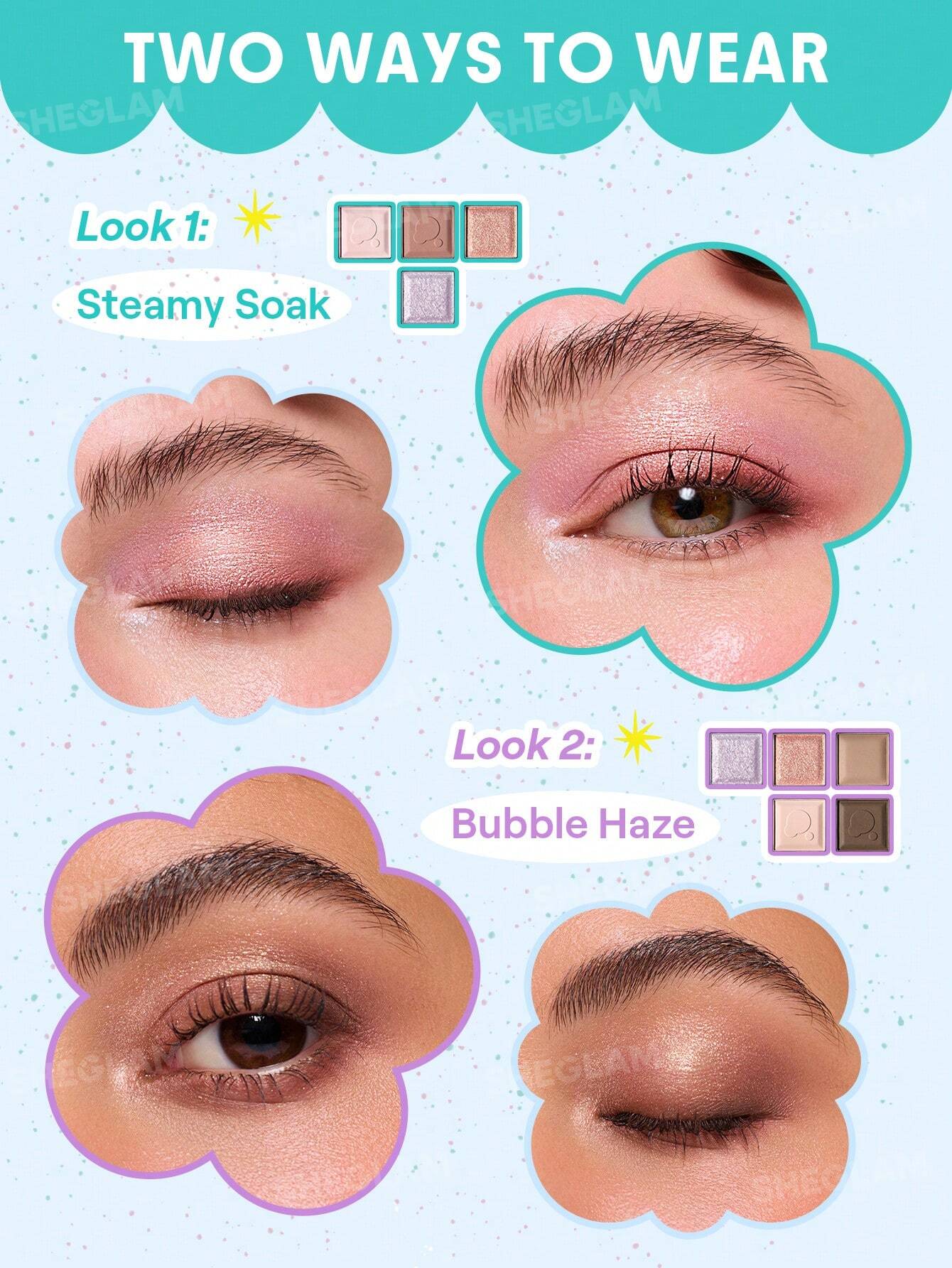 مرطب الشفاه Bubble Kiss من Sheglam + باليت Sparkle Splash + برايمر Foam Cloud + إضاءة هايلايتر + أحمر خدود ستيك