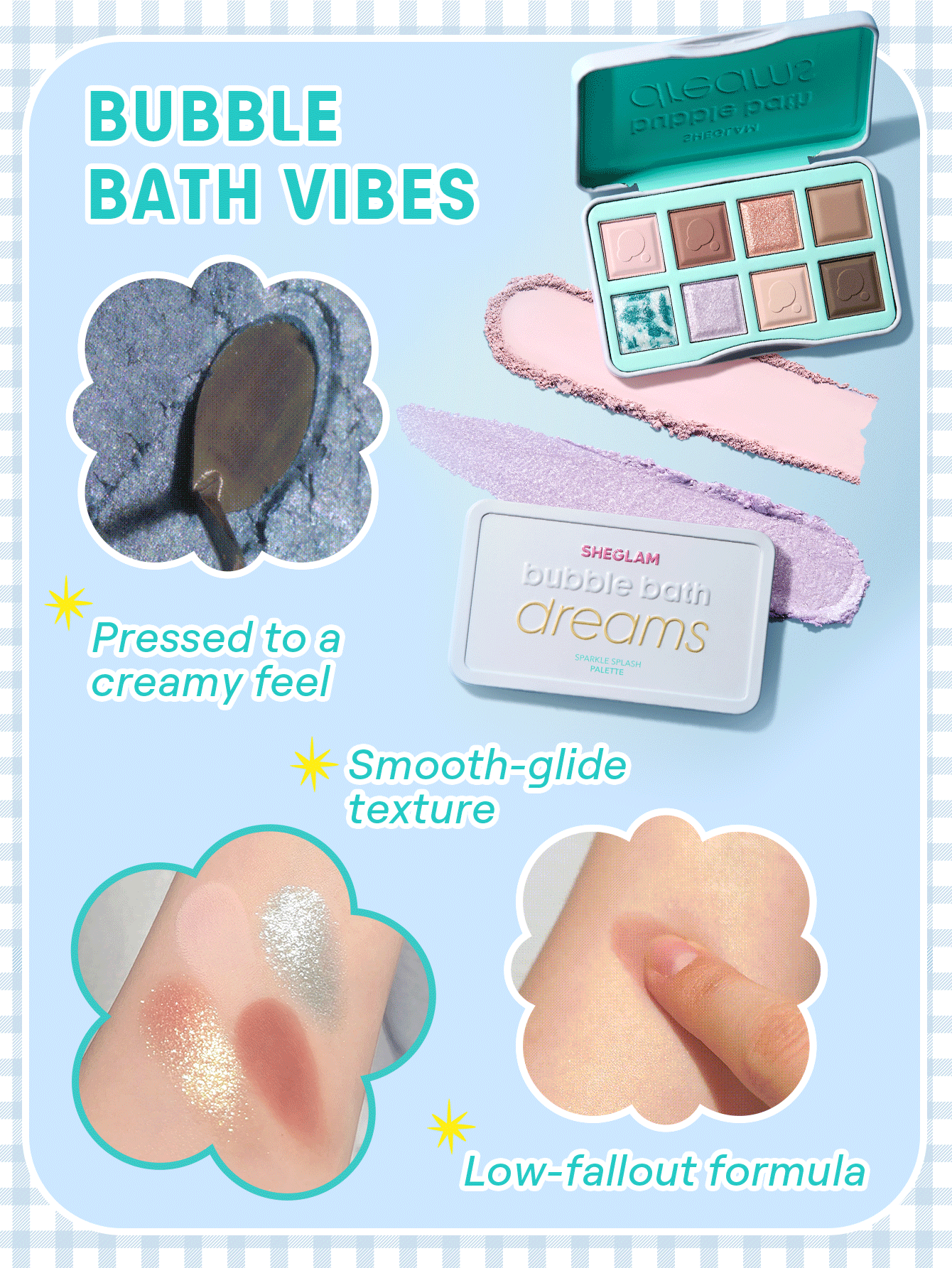 مرطب الشفاه Bubble Kiss من Sheglam + باليت Sparkle Splash + برايمر Foam Cloud + إضاءة هايلايتر + أحمر خدود ستيك