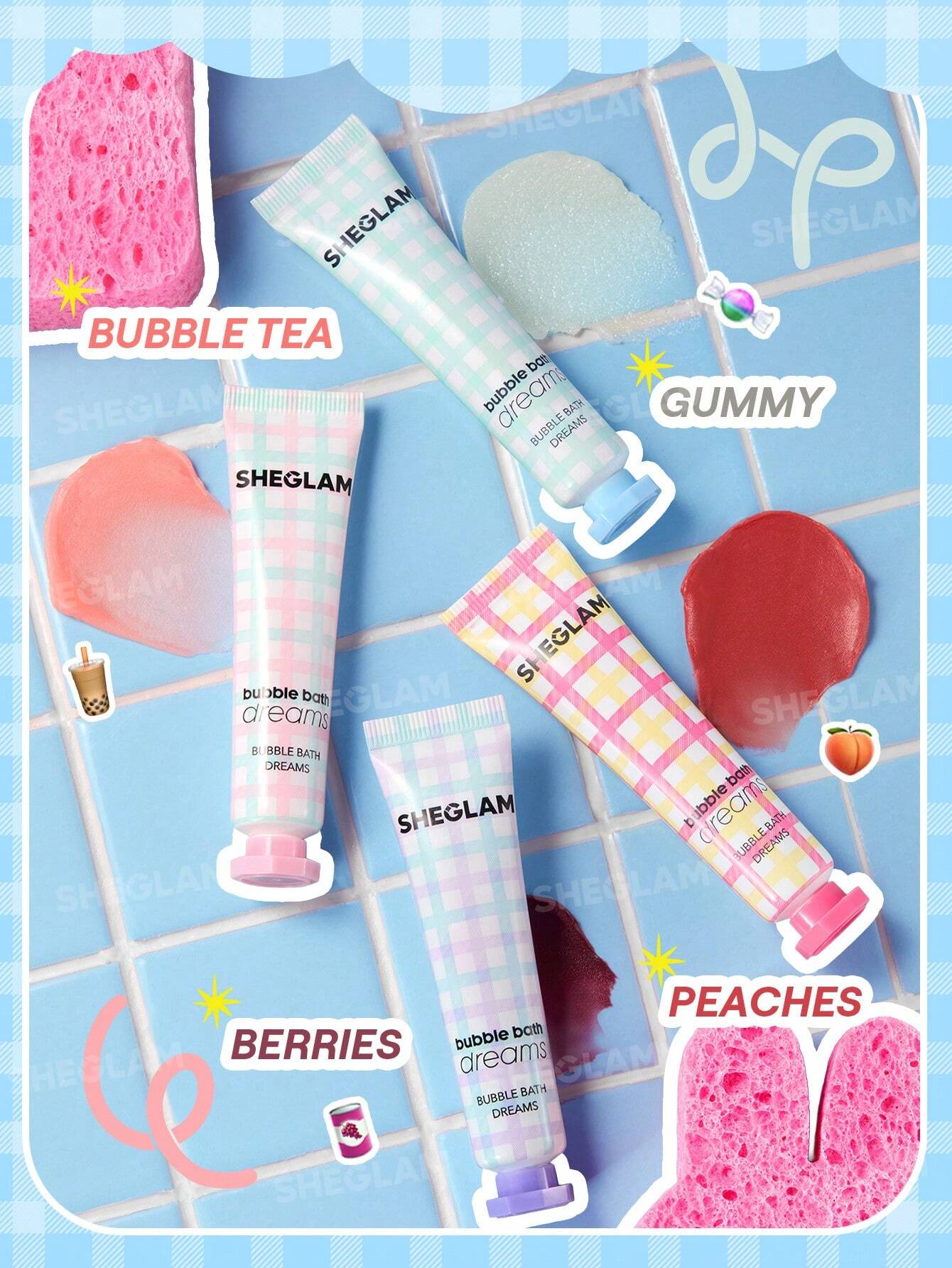 مرطب الشفاه Bubble Kiss من Sheglam + باليت Sparkle Splash + برايمر Foam Cloud + إضاءة هايلايتر + أحمر خدود ستيك