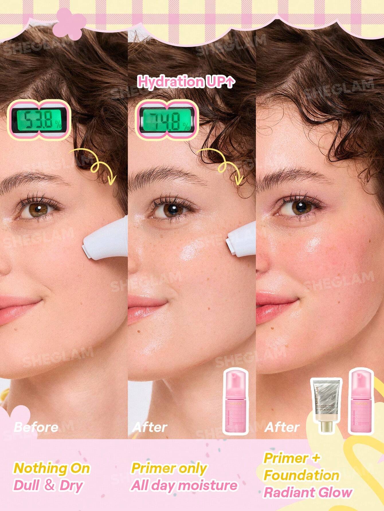 مرطب الشفاه Bubble Kiss من Sheglam + باليت Sparkle Splash + برايمر Foam Cloud + إضاءة هايلايتر + أحمر خدود ستيك