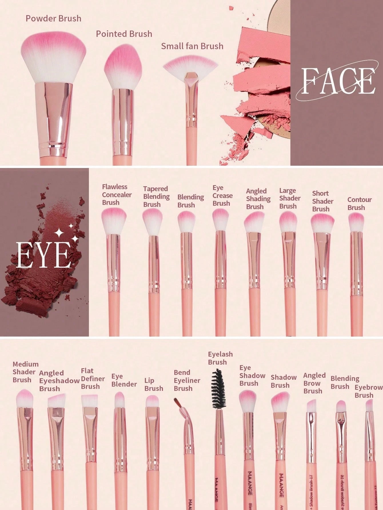 Maange 20Pcs Professional Makeup Brushes Pink