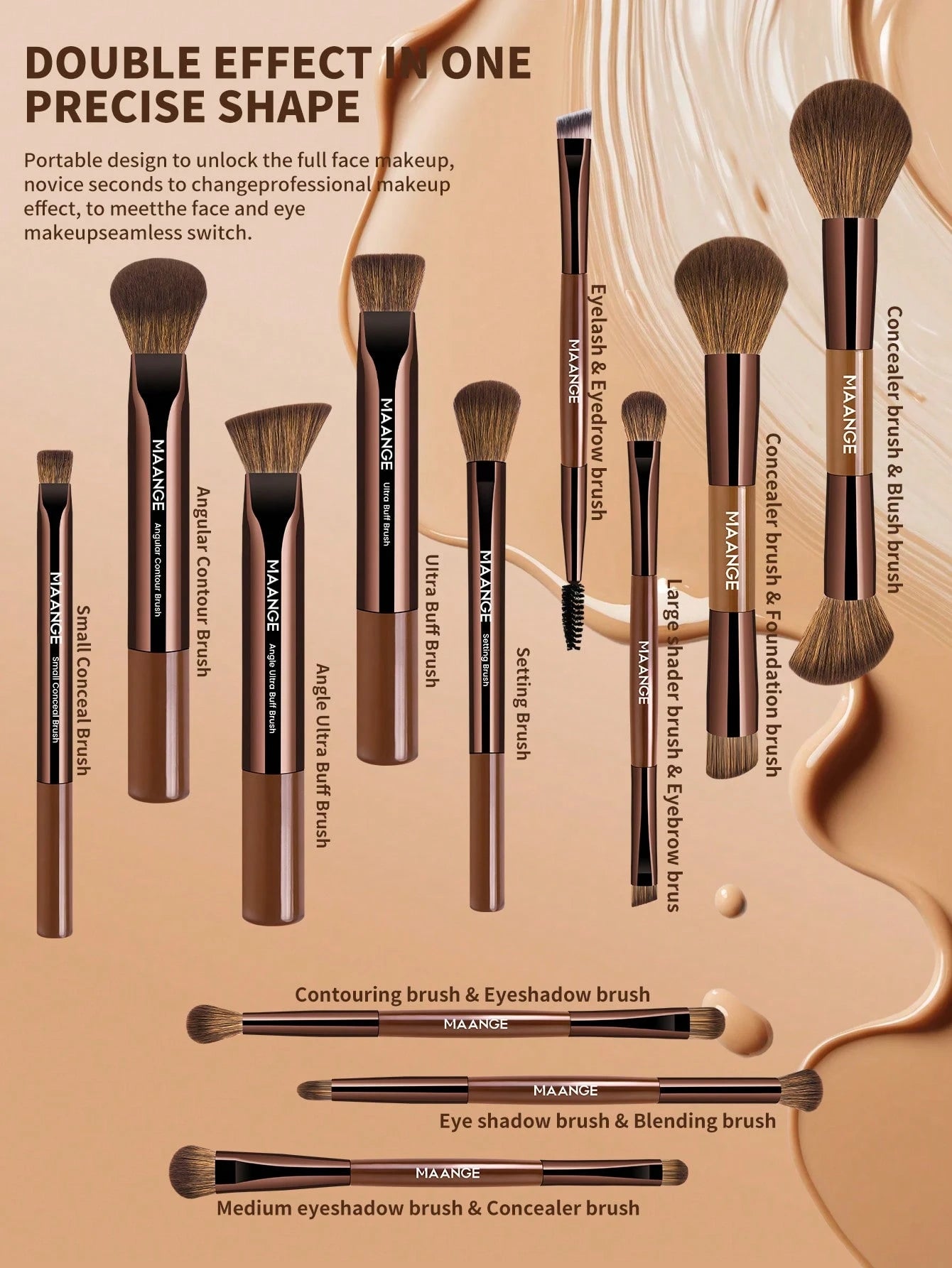 Maange Makeup Brush Brown 12Pcs