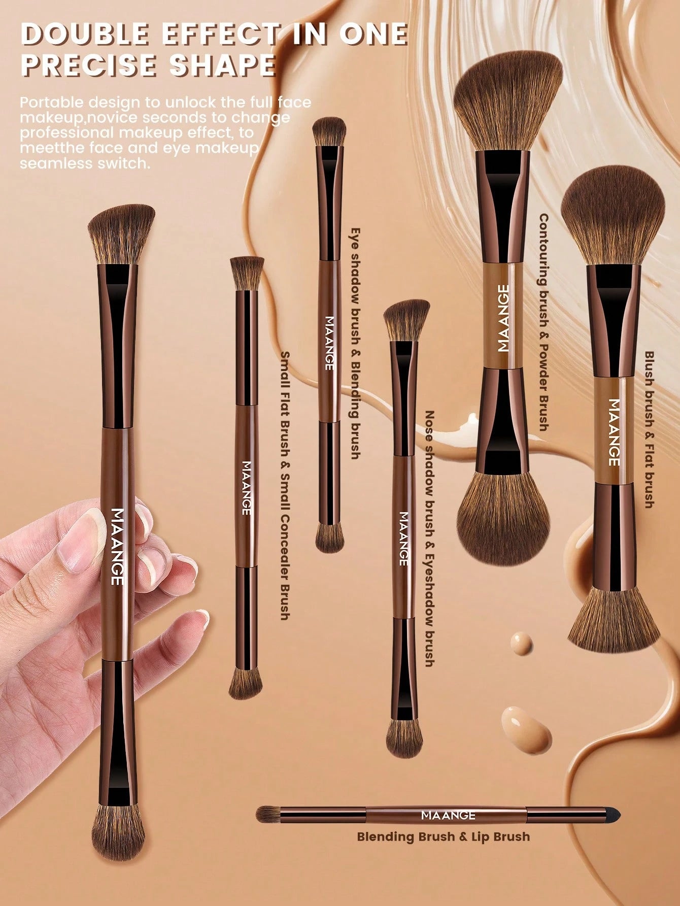 Maange Makeup Brush brown With Bag 13Pcs
