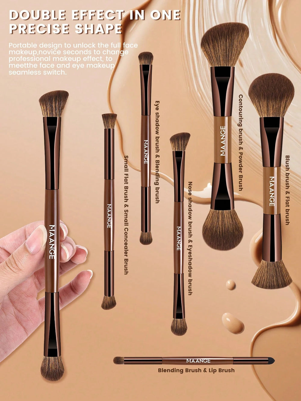 Maange Makeup Brush brown With Bag 13Pcs
