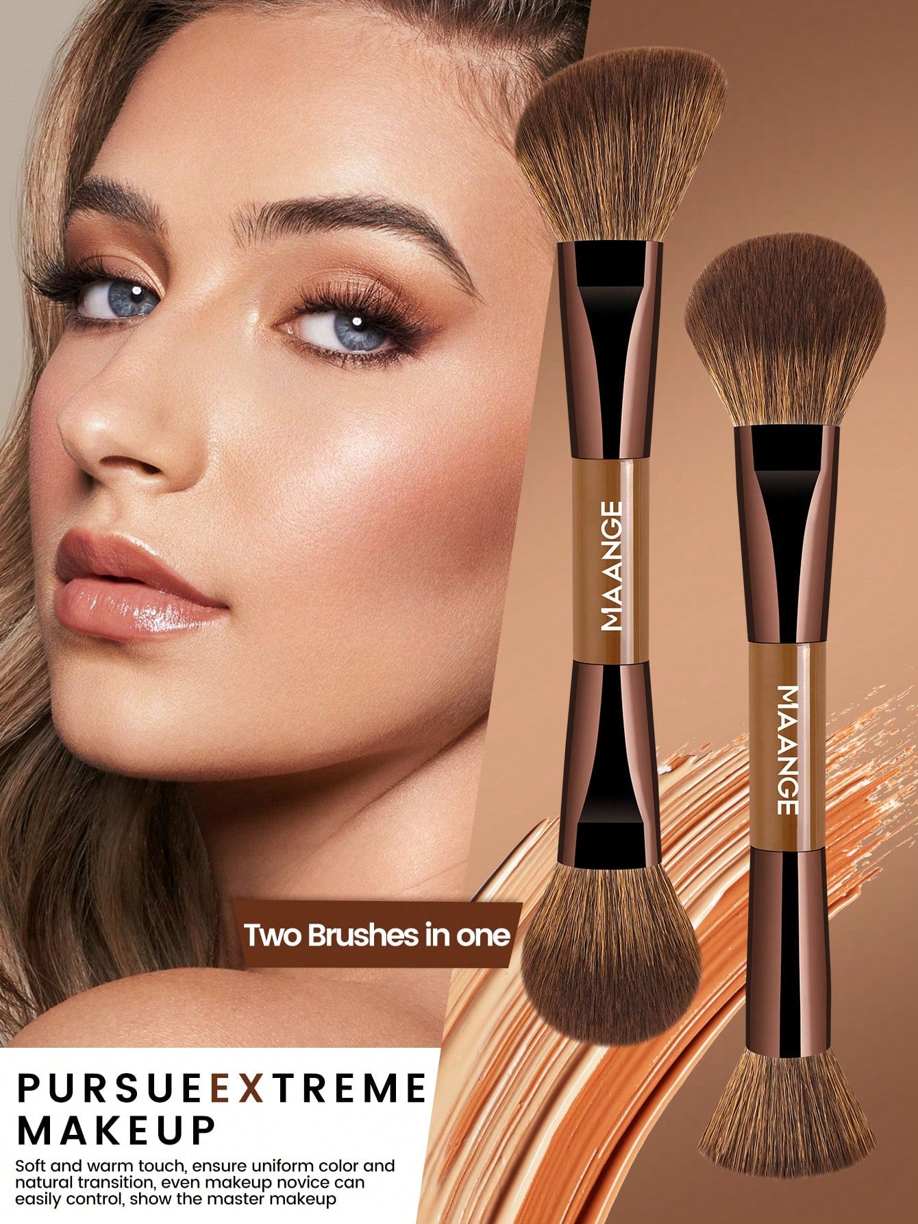 Maange Makeup Brush brown With Bag 13Pcs
