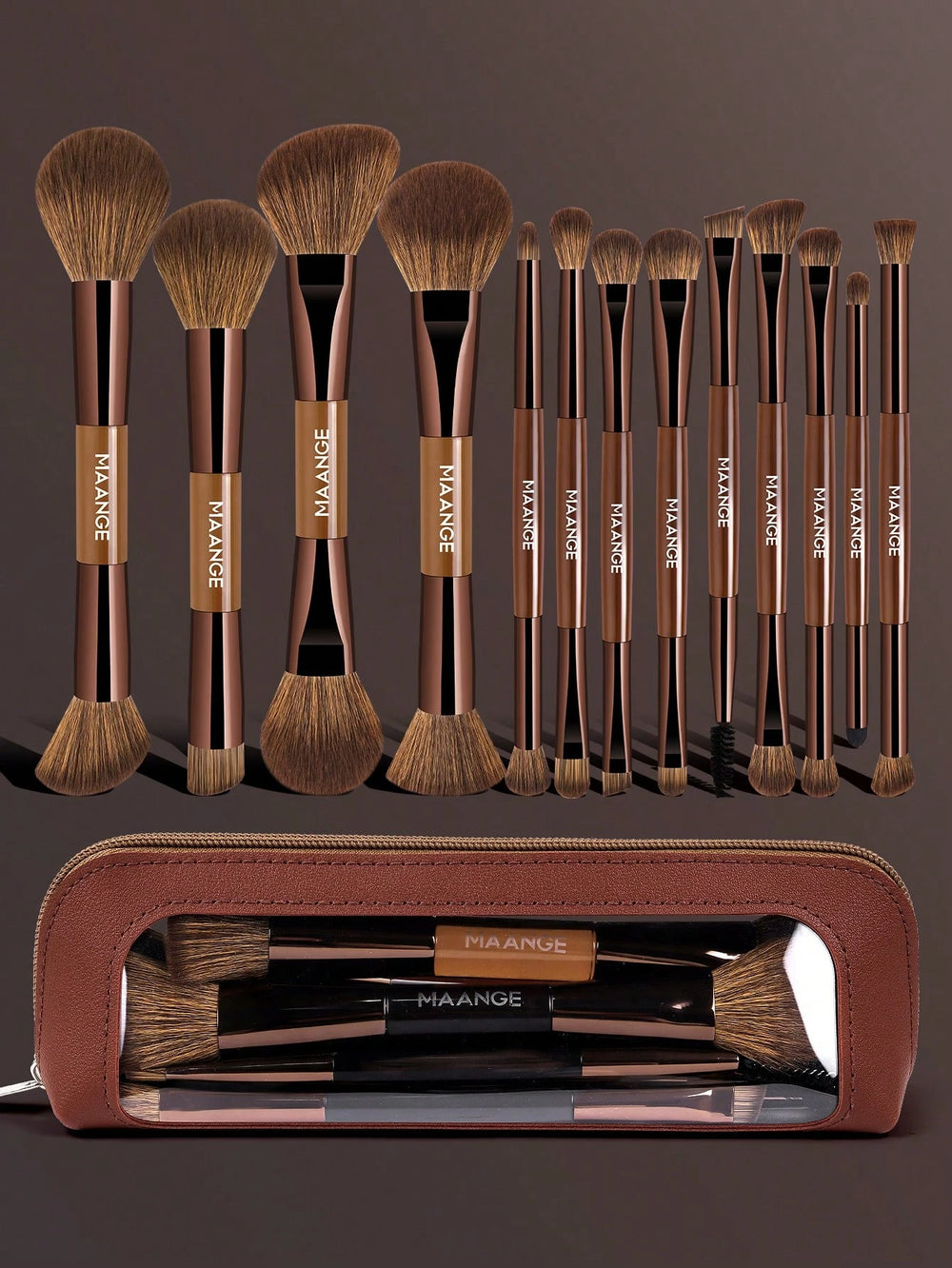 Maange Makeup Brush brown With Bag 13Pcs