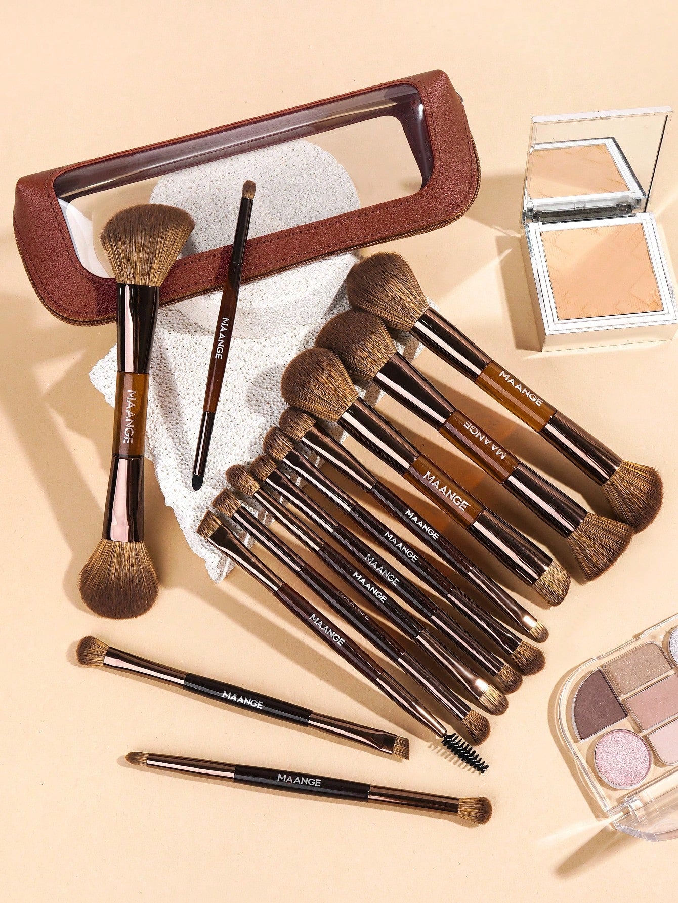 Maange Makeup Brush brown With Bag 13Pcs