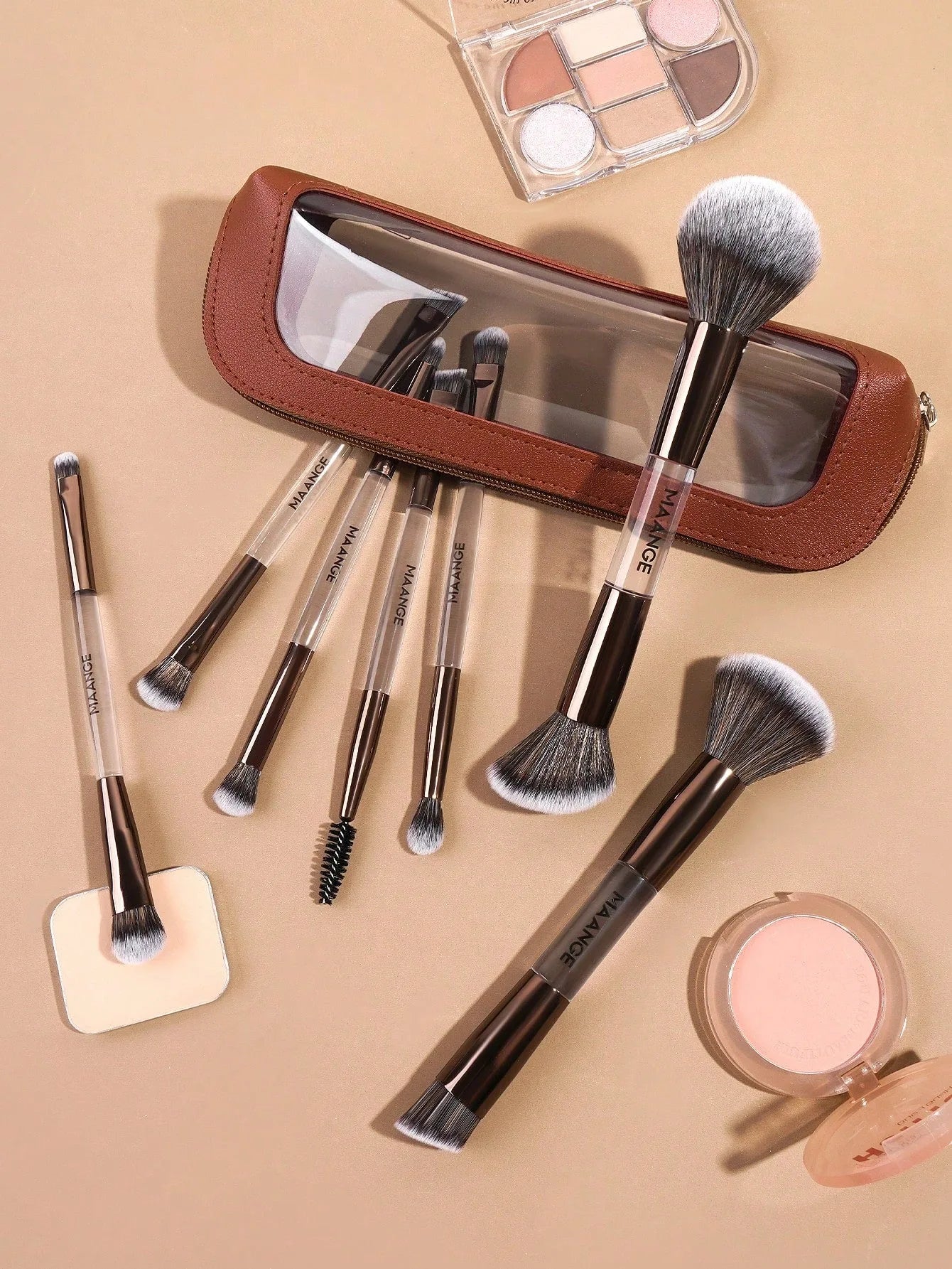 Maange 8Pcs Makeup Brush With Bag Brown