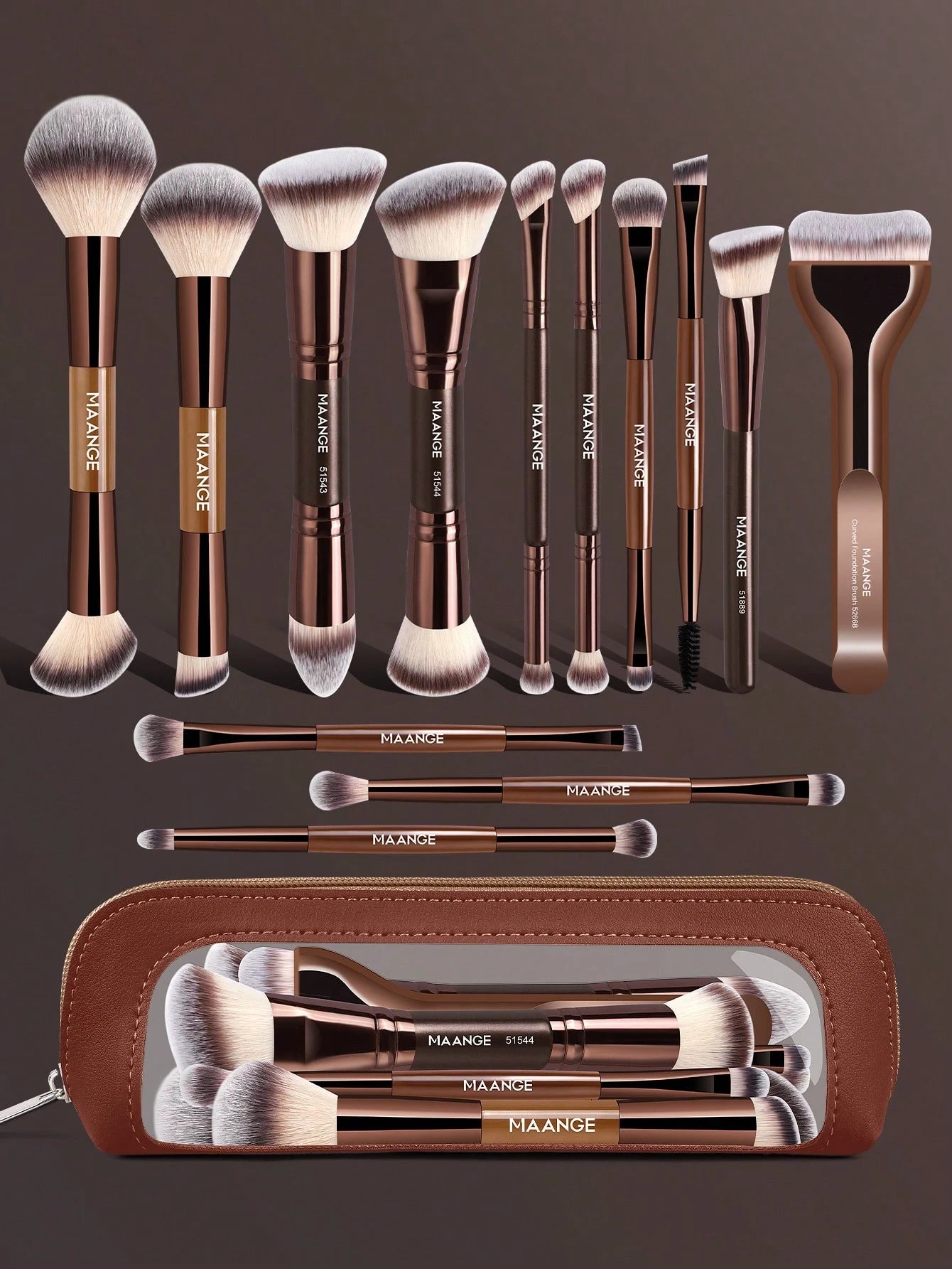 Maange Makeup Brush Brown 13Pcs With Bag