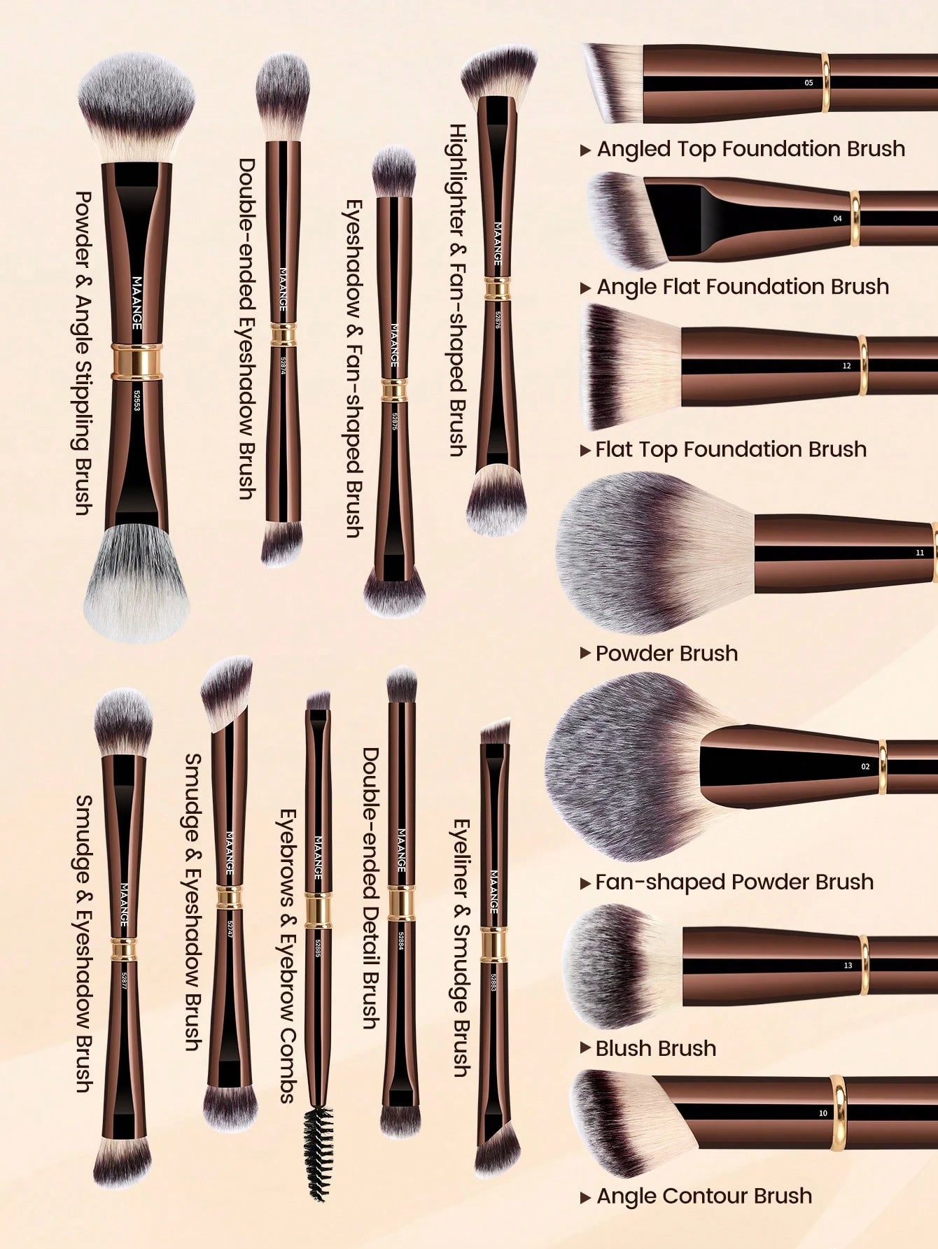 Maange 16Pcs Makeup Brush Dark Brown With Bag