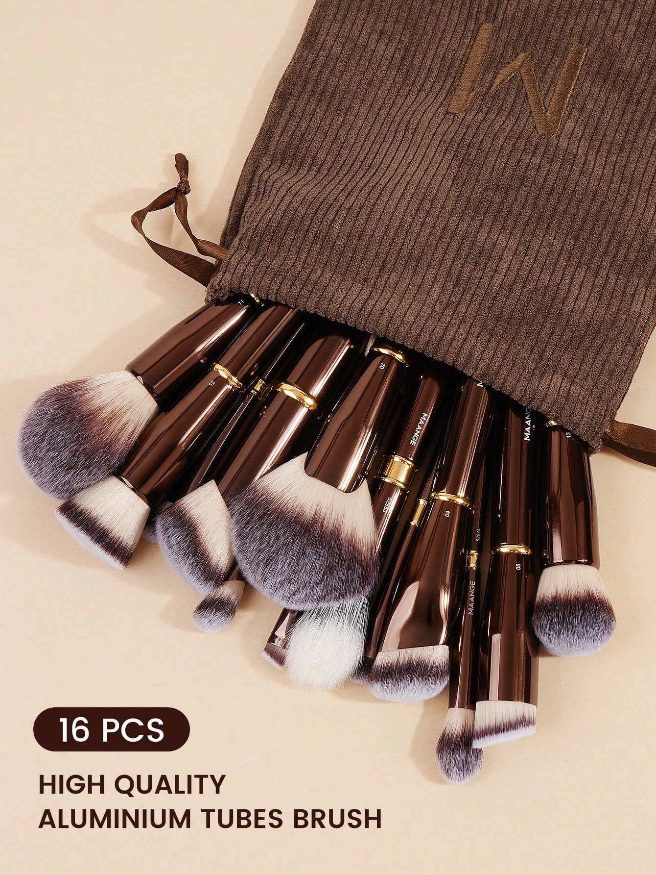 Maange 16Pcs Makeup Brush Dark Brown With Bag