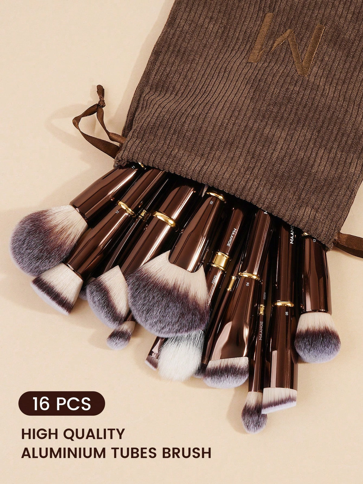 Maange 16Pcs Makeup Brush Dark Brown With Bag