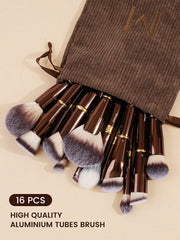 Maange 16Pcs Makeup Brush Dark Brown With Bag