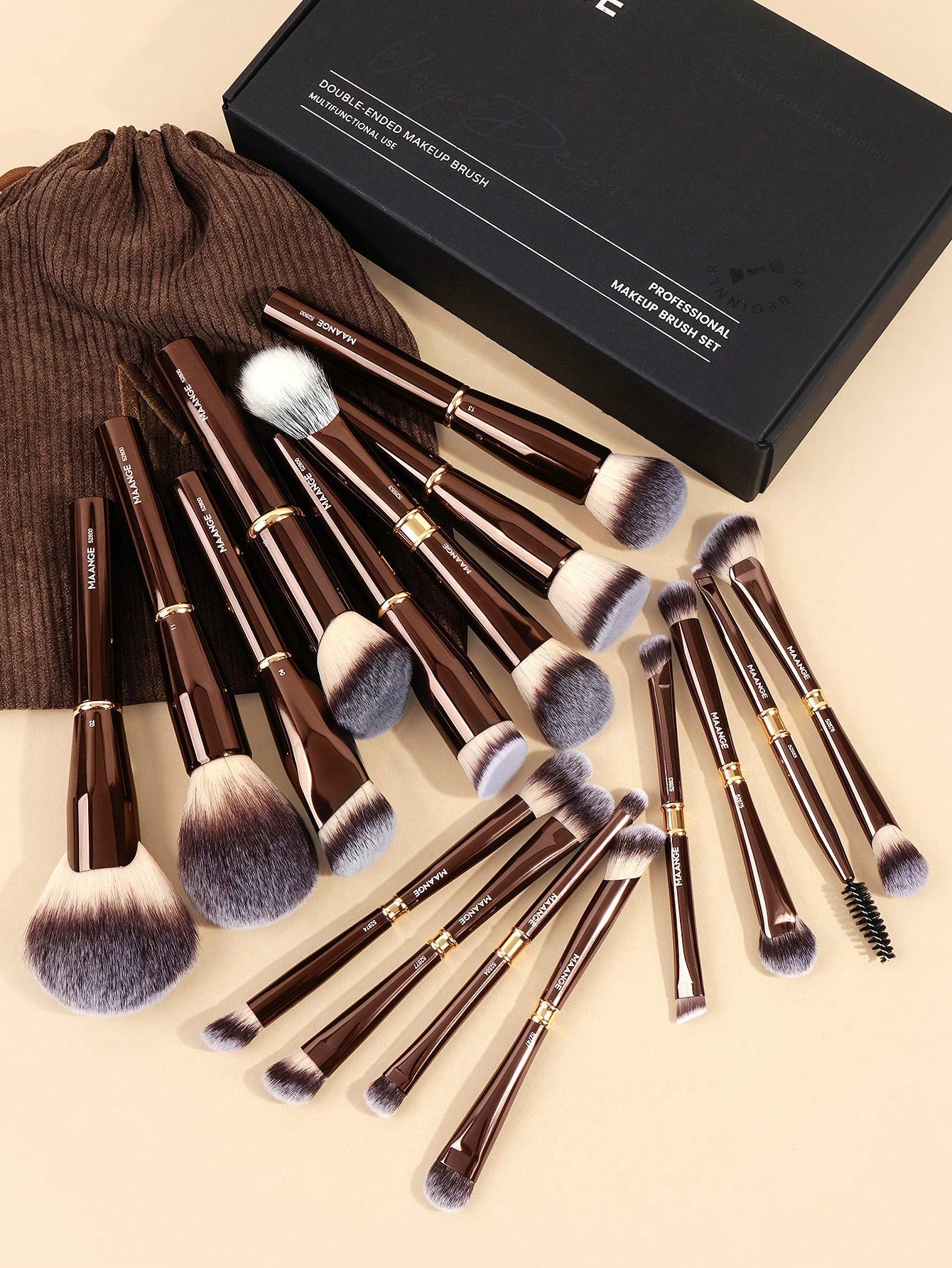 Maange 16Pcs Makeup Brush Dark Brown With Bag