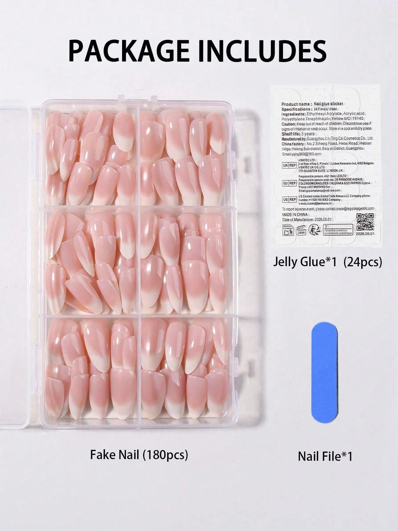 Shein 180pcs Almond-Shaped Ombre White Nail Stickers