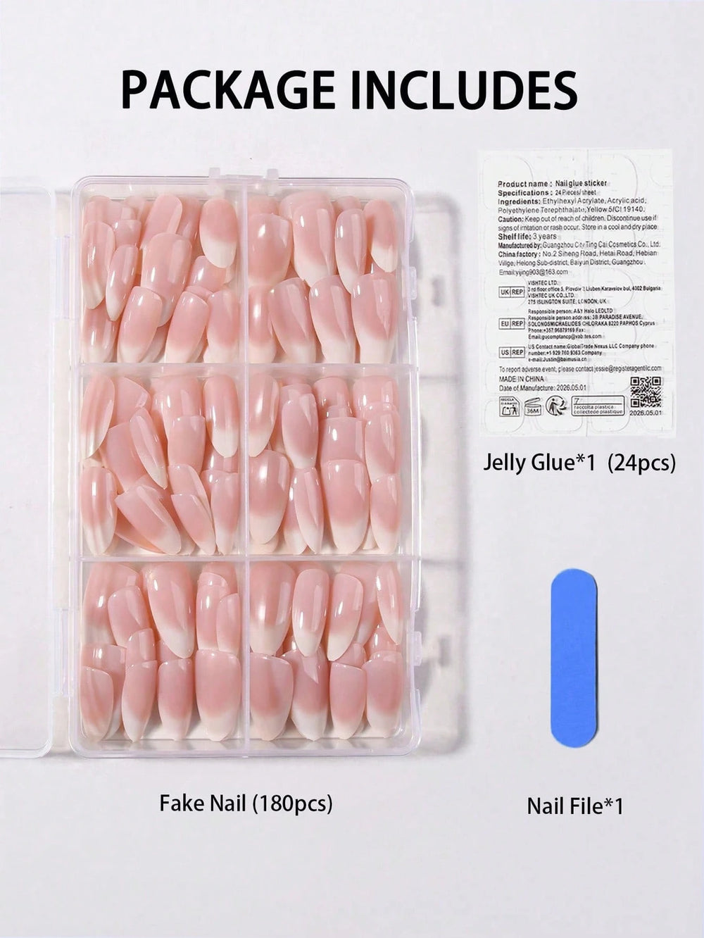 Shein 180pcs Almond-Shaped Ombre White Nail Stickers