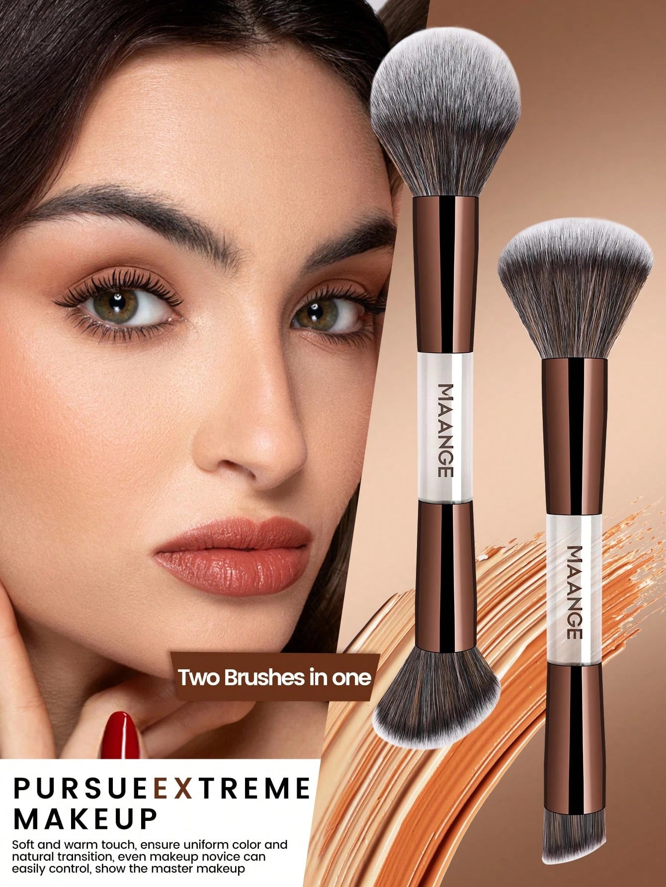 Maange 7Pcs Makeup Brush Metalic Brown With Bag
