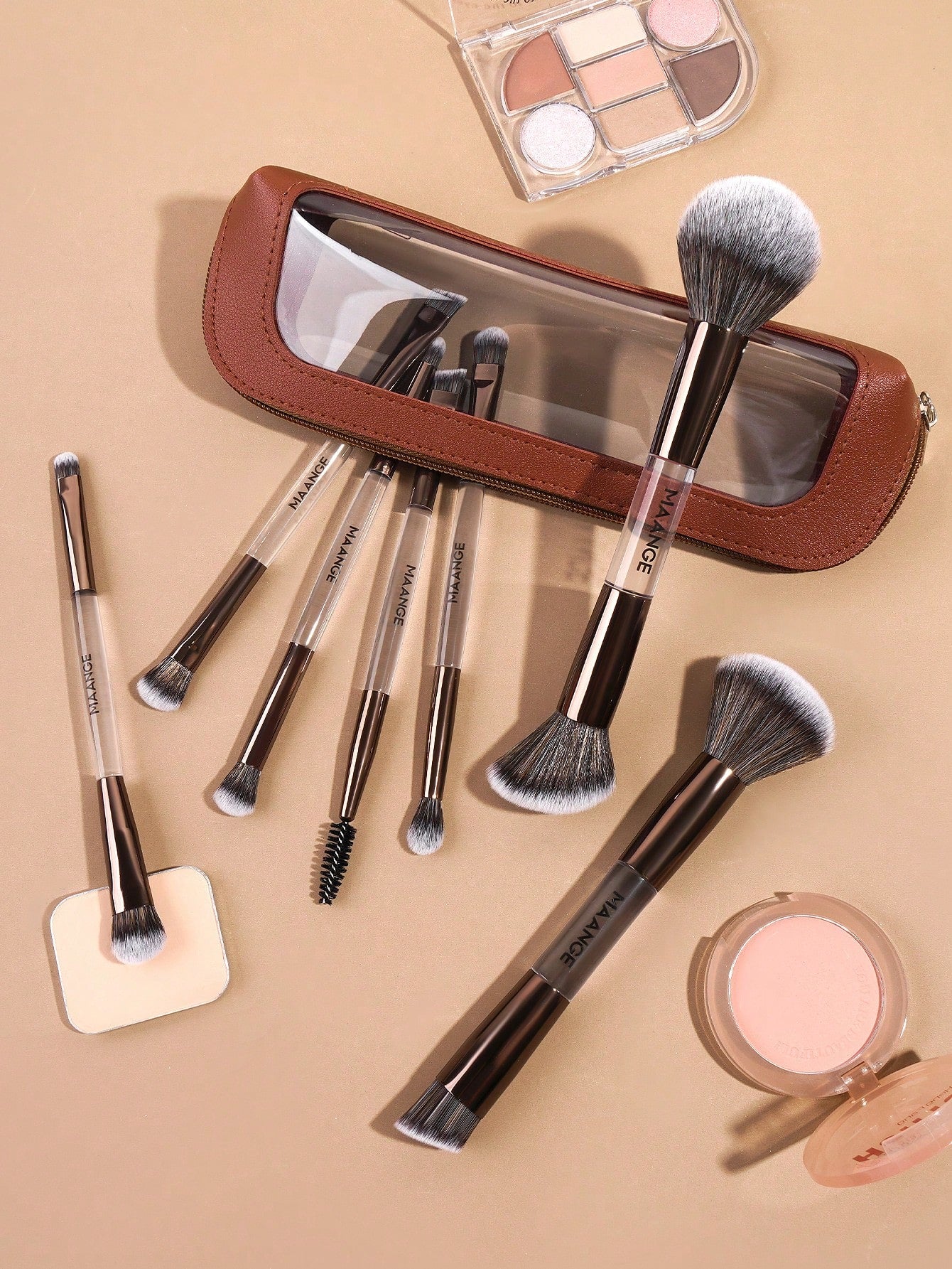 Maange 7Pcs Makeup Brush Metalic Brown With Bag