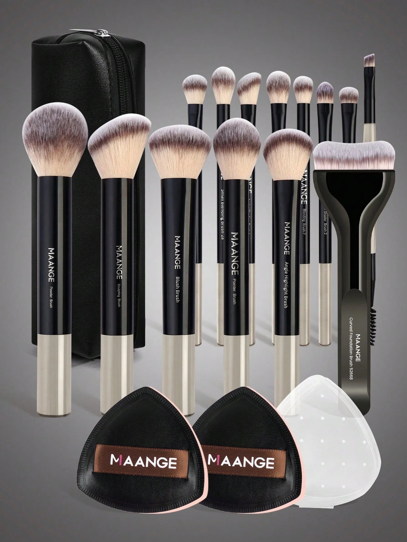 Maange 14Pcs Makeup Brush + 2Pcs Sponge With Bag Black