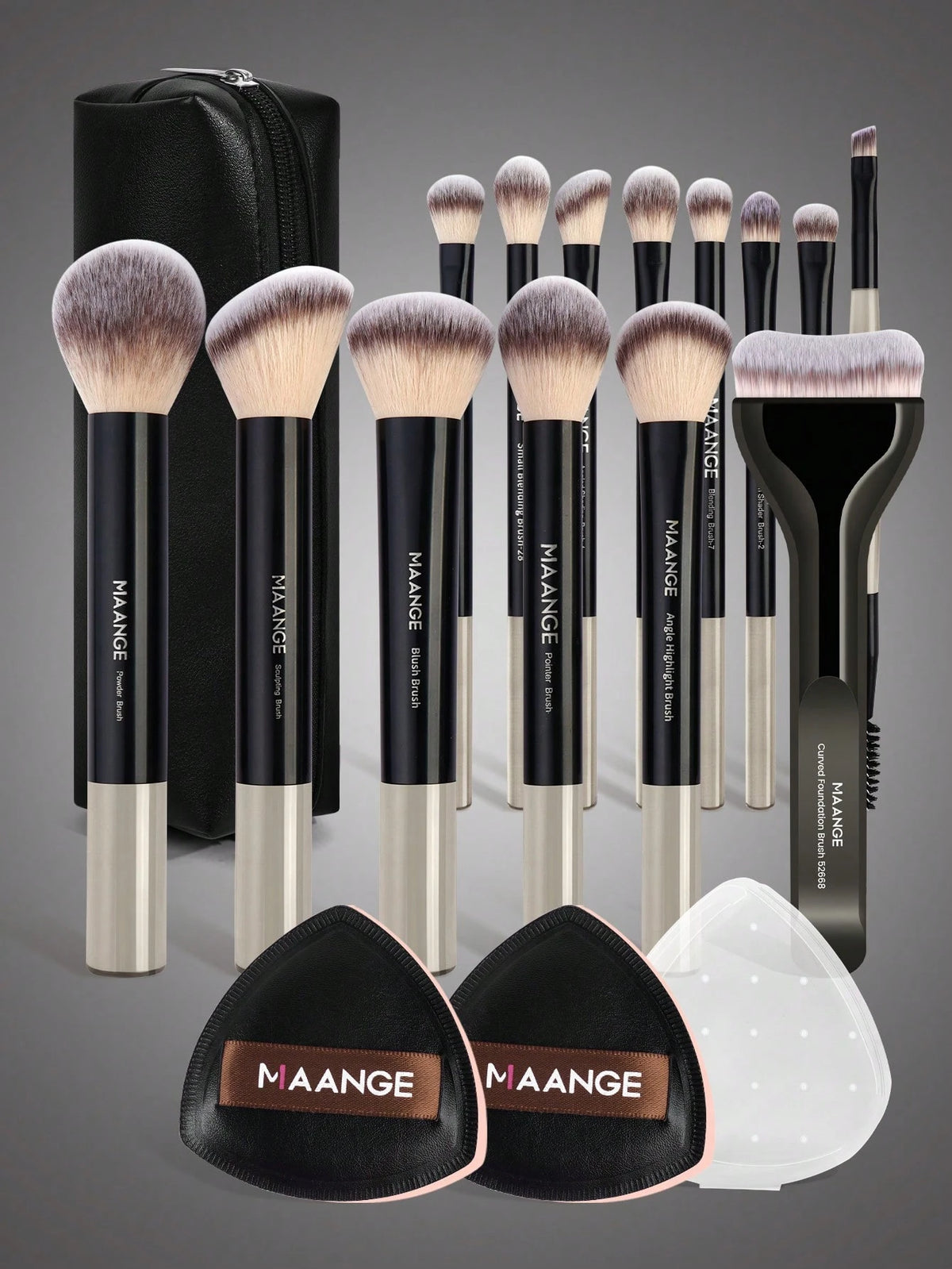 Maange 14Pcs Makeup Brush + 2Pcs Sponge With Bag Black