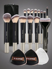 Maange 14Pcs Makeup Brush + 2Pcs Sponge With Bag Black