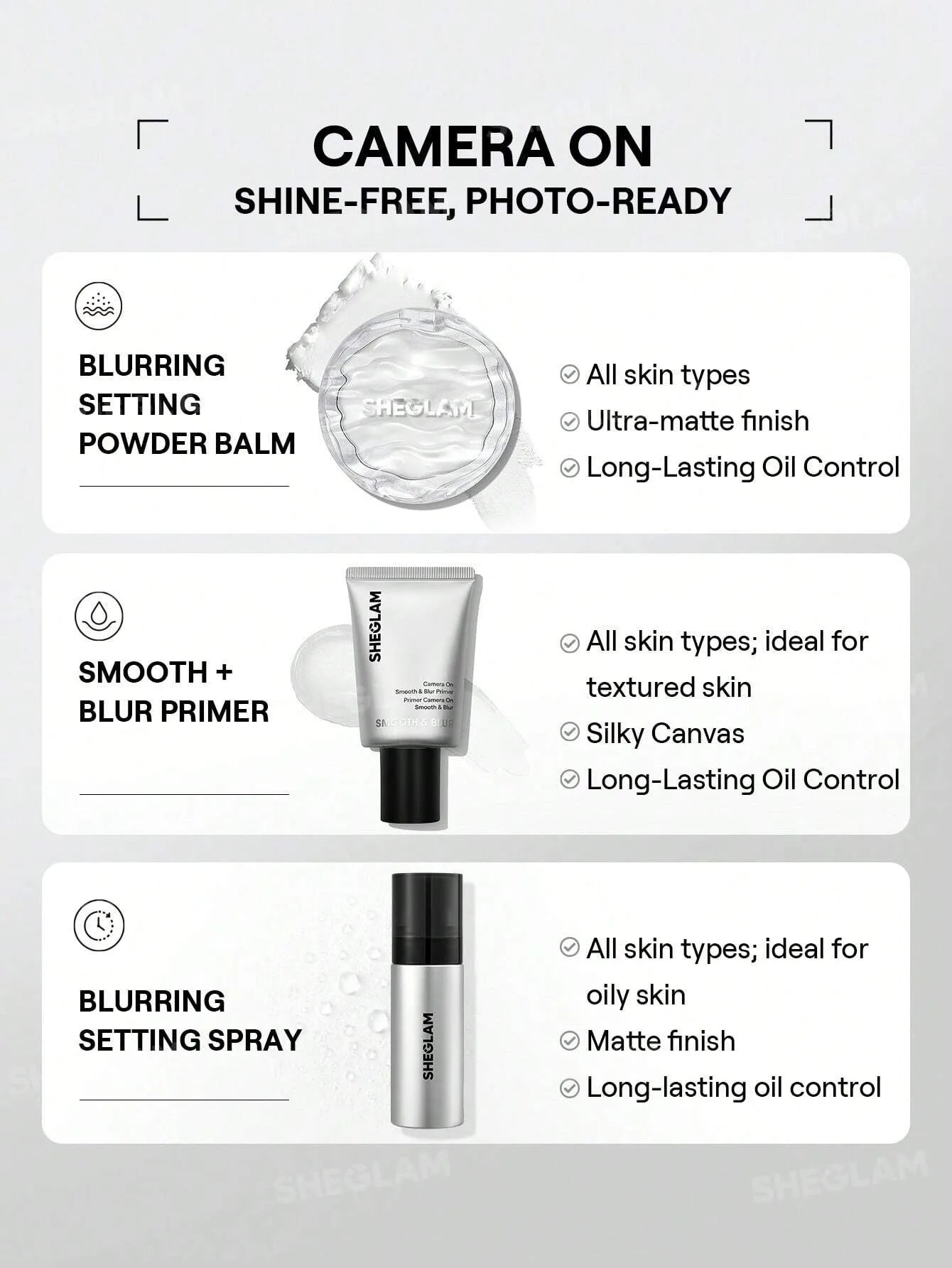 Sheglam Camera On Primer & Setting Spray & Powder