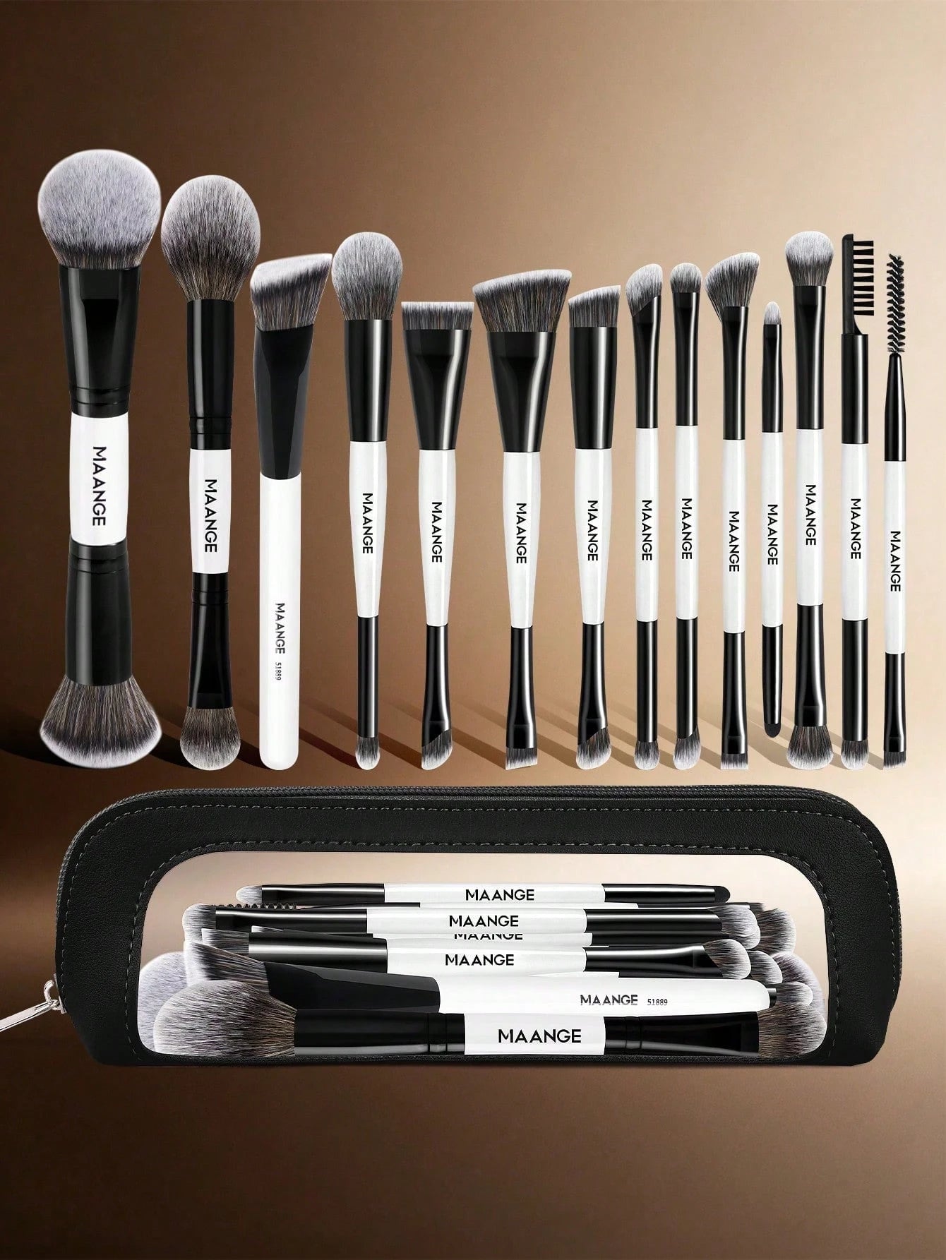 Maange 14Pcs Makeup Brush With Bag Black and White