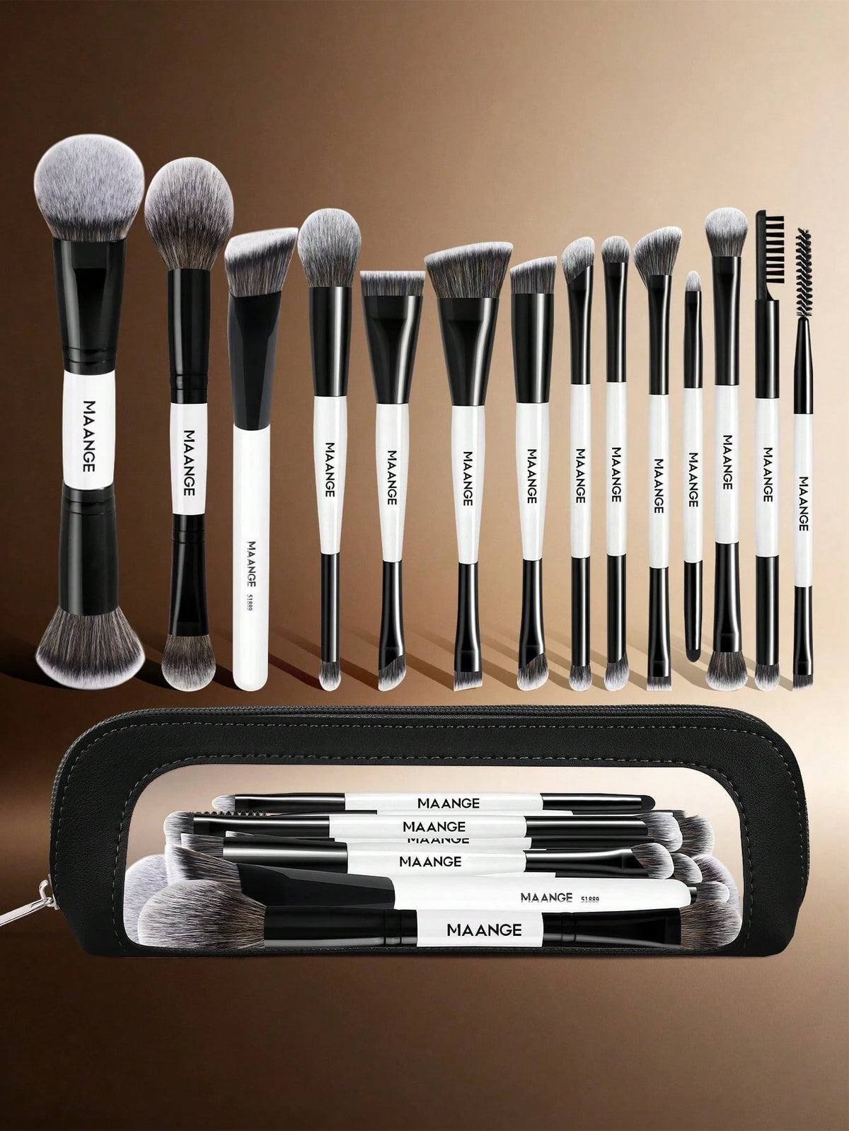 Maange 14Pcs Makeup Brush With Bag Black and White