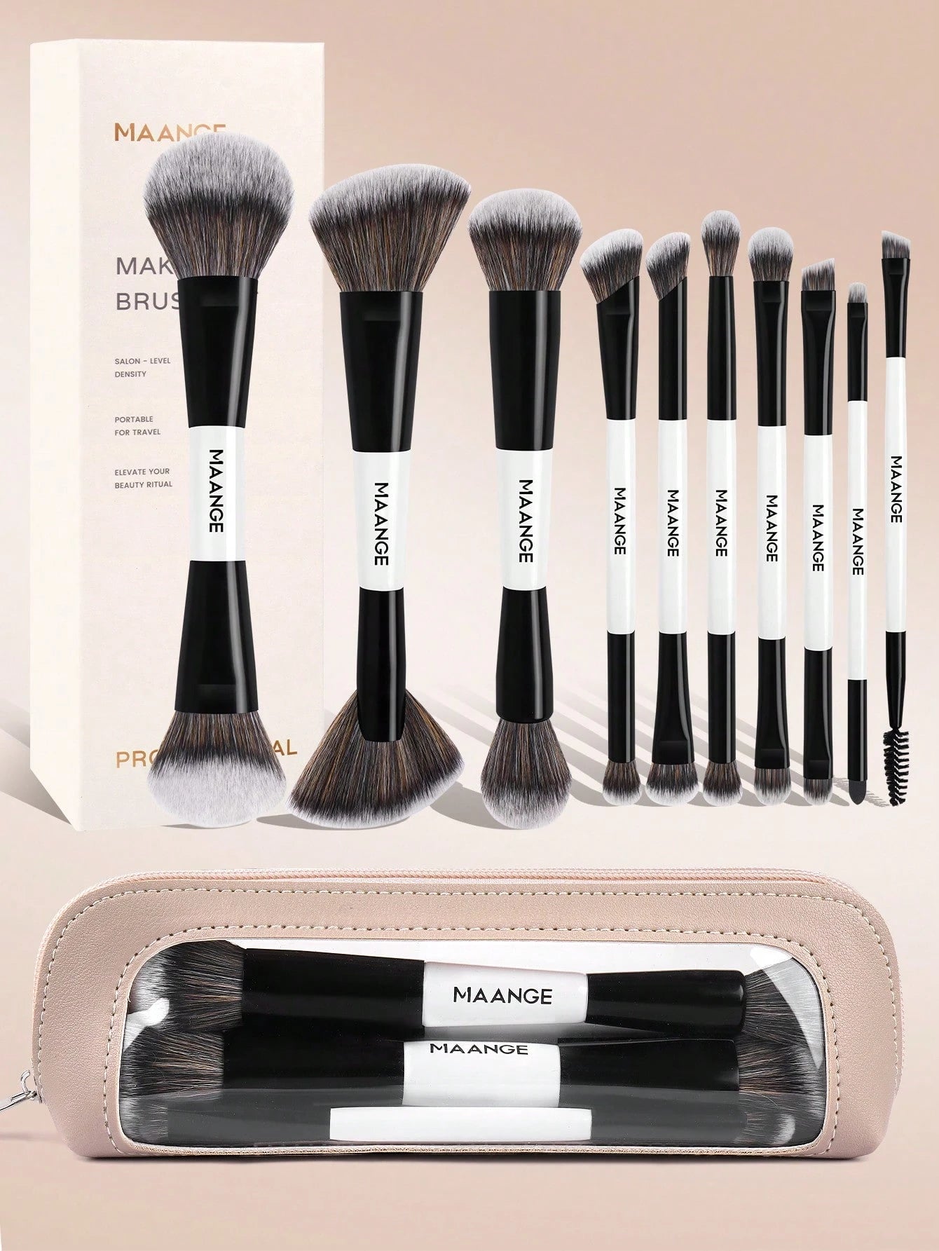 Maange 10Pcs Makeup Brush With Bag Black and White