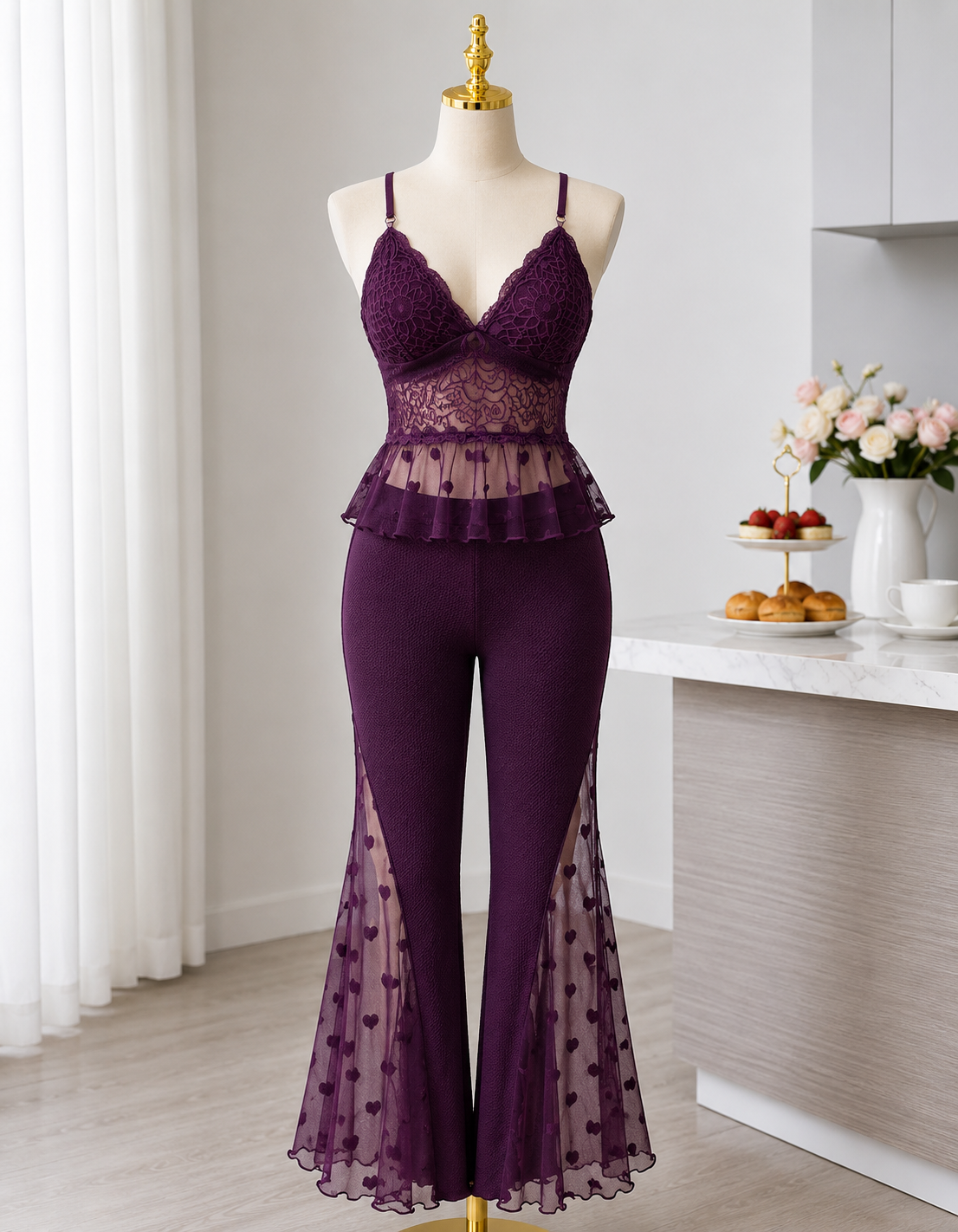 Women's Lace Cami & Sheer Mesh Flared Pants Pajama Set