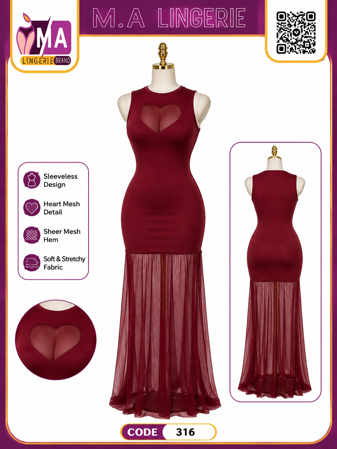 Women's Bodycon Maxi Dress with Sheer Mesh Hem